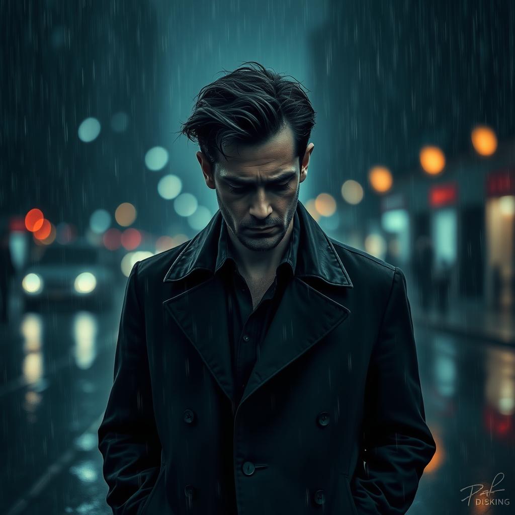 A moody and atmospheric depiction of a sad man standing alone in the rain