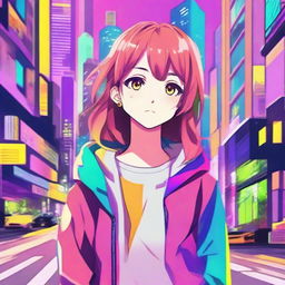 Generate an anime style character with bright, colorful aesthetics in a vivid cityscape setting.