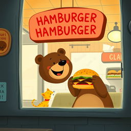 Inside a cozy hamburger shop, a smiling brown bear is cheerfully holding a delicious, mouth-watering hamburger and offering it to an adorable little yellow cat