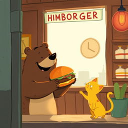 Inside a cozy hamburger shop, a smiling brown bear is cheerfully holding a delicious, mouth-watering hamburger and offering it to an adorable little yellow cat