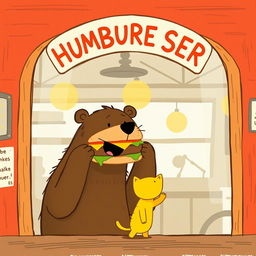 Inside a cozy hamburger shop, a smiling brown bear is cheerfully holding a delicious, mouth-watering hamburger and offering it to an adorable little yellow cat
