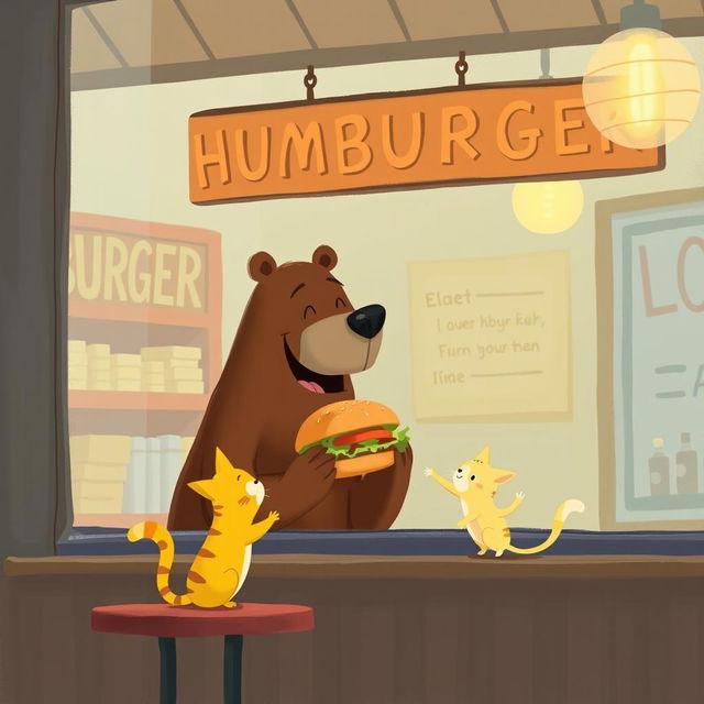 Inside a cozy hamburger shop, a smiling brown bear is cheerfully holding a delicious, mouth-watering hamburger and offering it to an adorable little yellow cat
