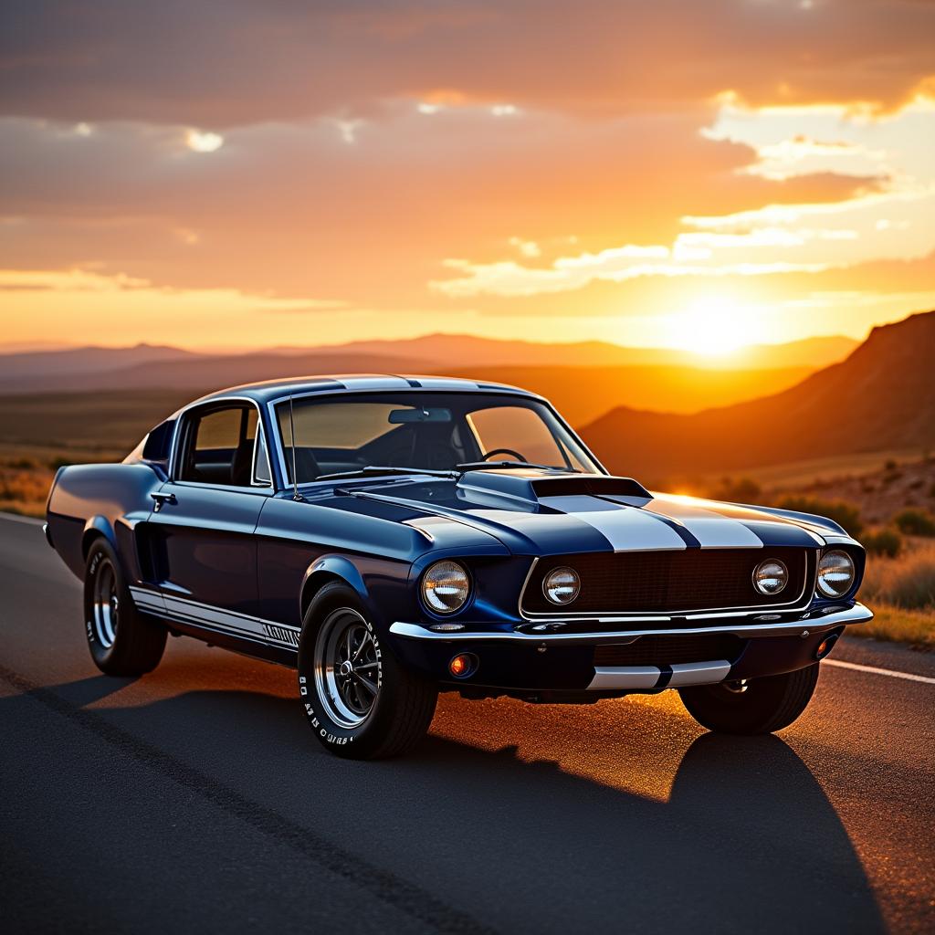 A stunning 1967 Ford Mustang Fastback, painted in deep metallic blue with white racing stripes, parked on the side of an open highway during a breathtaking sunset