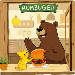 Inside a charming hamburger shop, a smiling brown bear is joyfully holding out a delicious, mouth-watering hamburger to an adorable little yellow cat