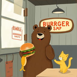 Inside a charming hamburger shop, a smiling brown bear is joyfully holding out a delicious, mouth-watering hamburger to an adorable little yellow cat