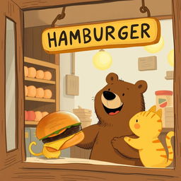 Inside a charming hamburger shop, a smiling brown bear is joyfully holding out a delicious, mouth-watering hamburger to an adorable little yellow cat