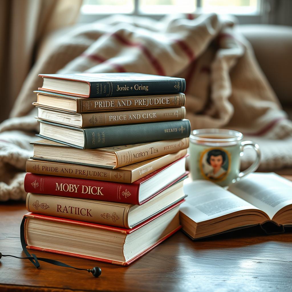 A beautifully arranged composition featuring classic literature books, stacked elegantly on a wooden table