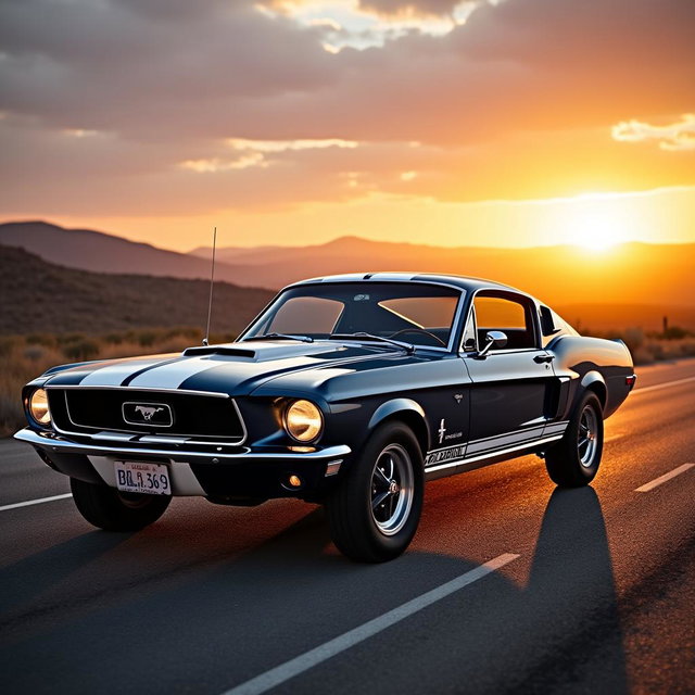 A stunning 1967 Ford Mustang Fastback, painted in deep metallic blue with white racing stripes, parked on the side of an open highway during a breathtaking sunset
