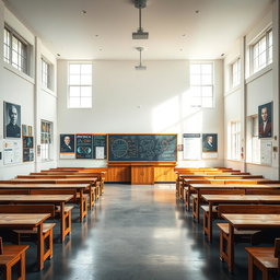 A spacious and rectangular physics classroom with large windows featuring iron bars on each side, allowing natural light to illuminate the space
