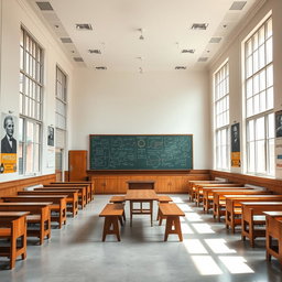 A spacious and rectangular physics classroom with large windows featuring iron bars on each side, allowing natural light to illuminate the space