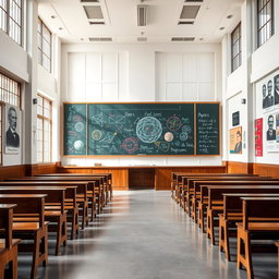 A spacious and rectangular physics classroom with large windows featuring iron bars on each side, allowing natural light to illuminate the space
