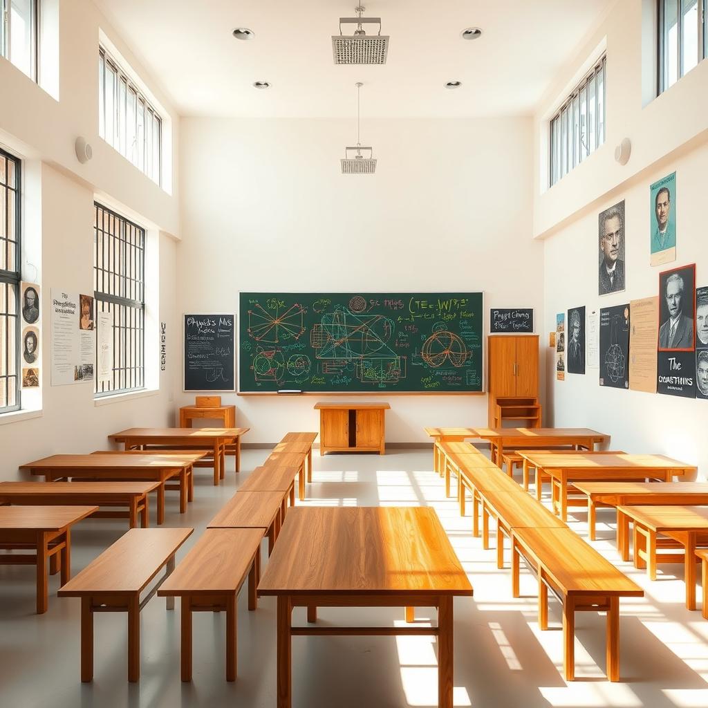 A spacious and rectangular physics classroom with large windows featuring iron bars on each side, allowing natural light to illuminate the space