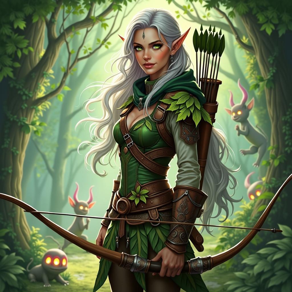 A stunning female elf ranger standing confidently in an enchanted forest