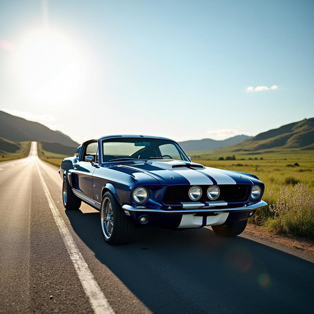 A beautifully restored 1967 Ford Mustang Fastback in a striking deep blue with white racing stripes, parked on the side of a scenic open highway under a bright, clear sky
