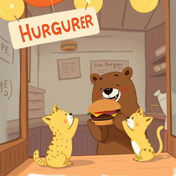 Inside a cozy hamburger shop, a smiling brown bear joyfully holds out a delicious, mouth-watering hamburger to an adorable little yellow cat