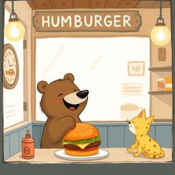 Inside a cozy hamburger shop, a smiling brown bear joyfully holds out a delicious, mouth-watering hamburger to an adorable little yellow cat