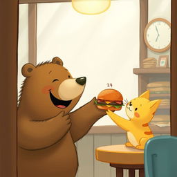 Inside a cozy hamburger shop, a smiling brown bear joyfully holds out a delicious, mouth-watering hamburger to an adorable little yellow cat