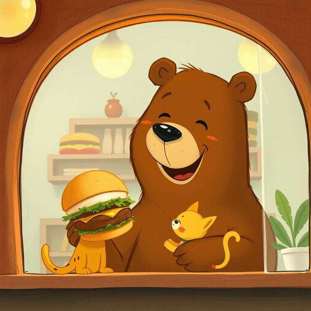 Inside a cozy hamburger shop, a smiling brown bear joyfully holds out a delicious, mouth-watering hamburger to an adorable little yellow cat
