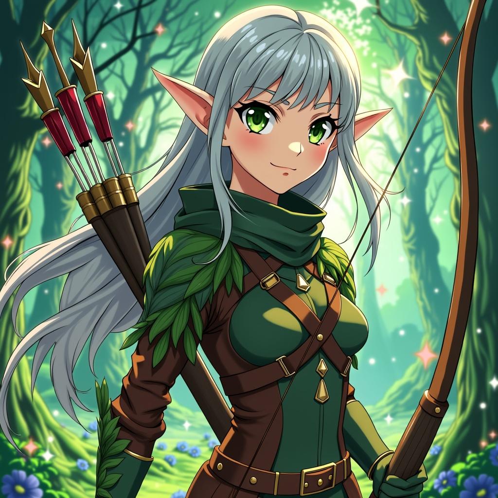 A striking female elf ranger depicted in an anime style reminiscent of Hunter x Hunter, showcasing her distinct features with large expressive green eyes and long, flowing silver hair that billows lightly in the breeze