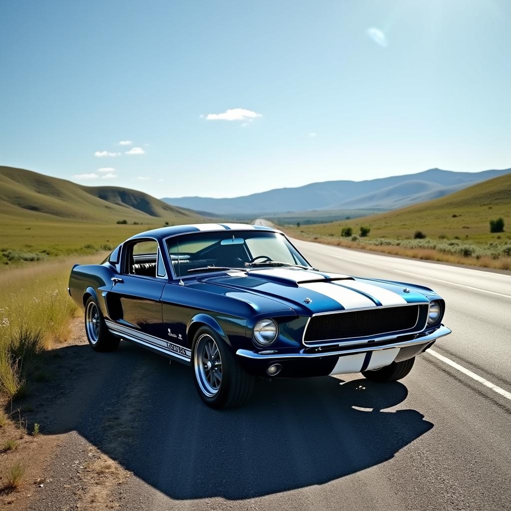 A beautifully restored 1967 Ford Mustang Fastback in a striking deep blue with white racing stripes, parked on the side of a scenic open highway under a bright, clear sky