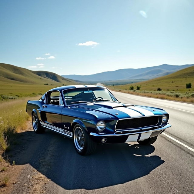 A beautifully restored 1967 Ford Mustang Fastback in a striking deep blue with white racing stripes, parked on the side of a scenic open highway under a bright, clear sky