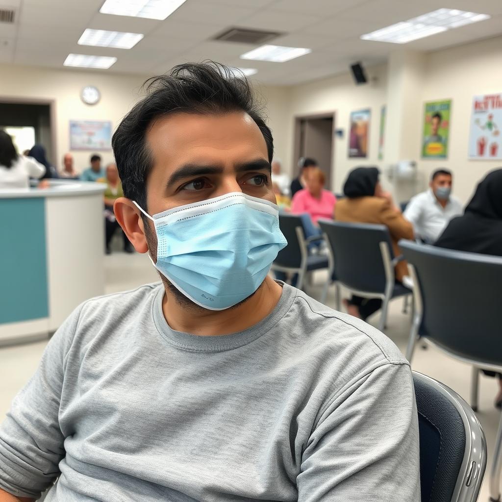 An Iranian person wearing a mask, sitting in a crowded physiotherapy clinic, waiting for their turn