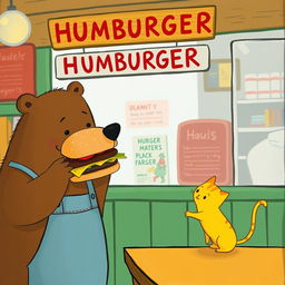 In a delightful hamburger shop, a smiling brown bear is happily presenting a delicious, mouth-watering hamburger to a cute little yellow cat