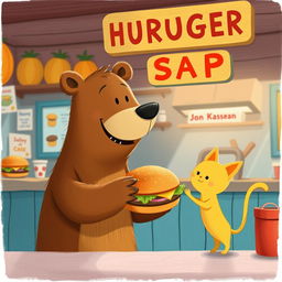 In a delightful hamburger shop, a smiling brown bear is happily presenting a delicious, mouth-watering hamburger to a cute little yellow cat