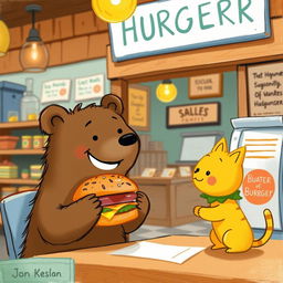 In a delightful hamburger shop, a smiling brown bear is happily presenting a delicious, mouth-watering hamburger to a cute little yellow cat