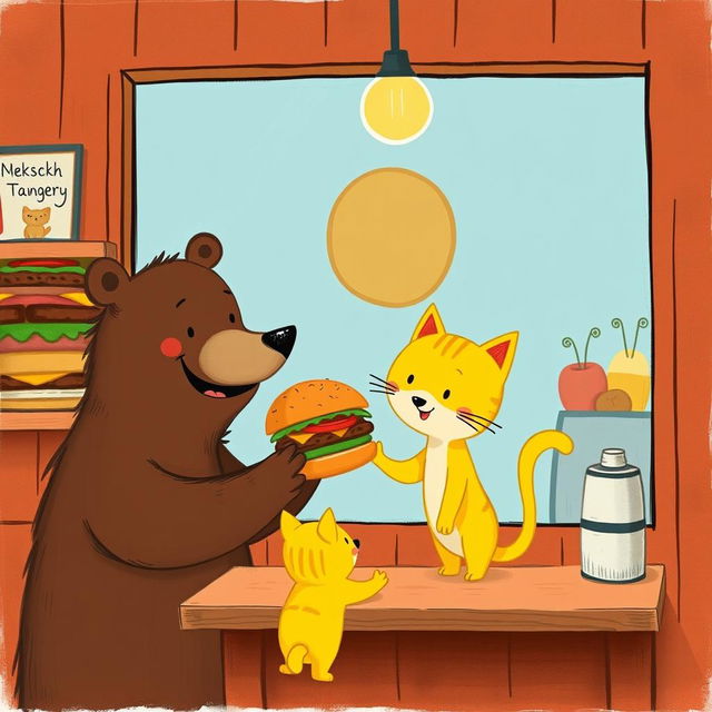 In a delightful hamburger shop, a smiling brown bear is happily presenting a delicious, mouth-watering hamburger to a cute little yellow cat
