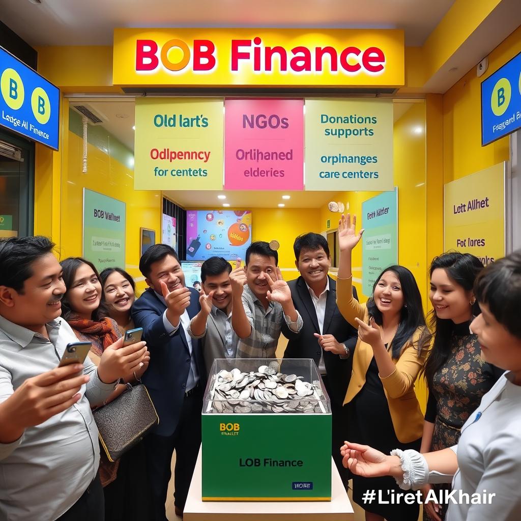 A vibrant and inviting scene depicting a BOB Finance branch with a yellow theme, where people are joyfully dropping old lira coins into a donation box