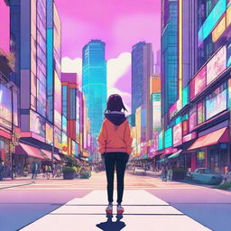 Generate an anime style character with bright, colorful aesthetics in a vivid cityscape setting.