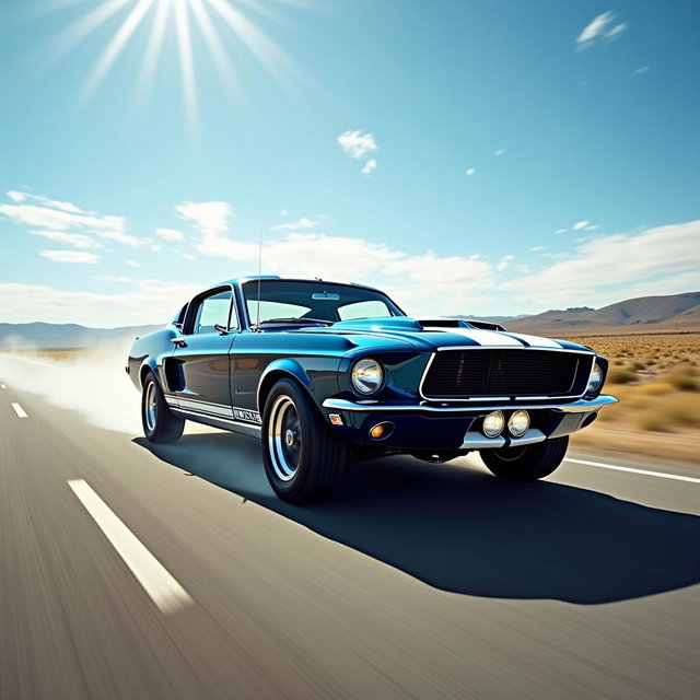 A powerful 1967 Ford Mustang Fastback in glossy deep blue with bold white racing stripes, speeding down a long, open highway under a bright blue sky