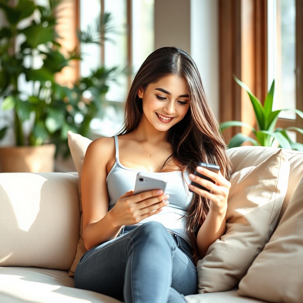 A young woman with long dark hair and a trendy outfit, sitting comfortably on a modern couch, looking intently at her cellphone