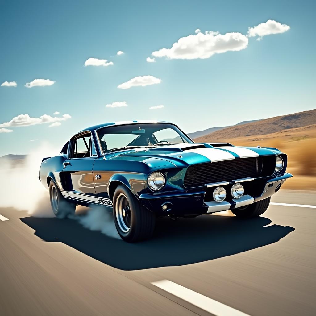 A powerful 1967 Ford Mustang Fastback in glossy deep blue with bold white racing stripes, speeding down a long, open highway under a bright blue sky