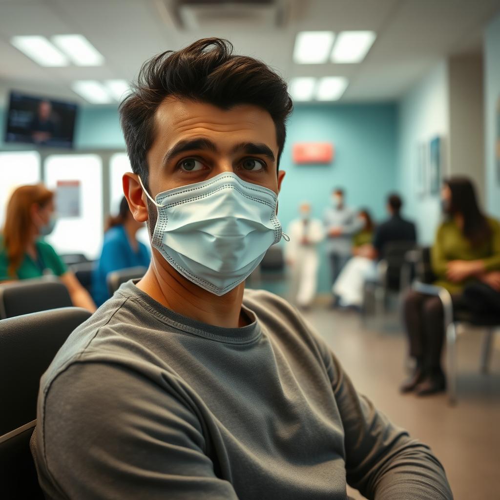 An Iranian person wearing a mask, sitting and waiting for their turn in a busy physiotherapy clinic