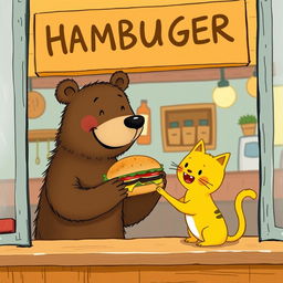 In a vibrant hamburger shop, a cheerful brown bear is smiling as it hands over a delicious, aromatic hamburger to a cute little yellow cat