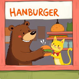 In a vibrant hamburger shop, a cheerful brown bear is smiling as it hands over a delicious, aromatic hamburger to a cute little yellow cat