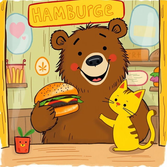 In a vibrant hamburger shop, a cheerful brown bear is smiling as it hands over a delicious, aromatic hamburger to a cute little yellow cat