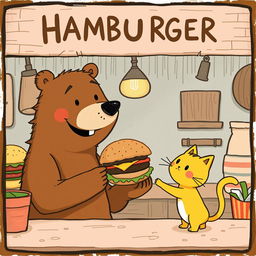 In a charming hamburger shop, a cheerful brown bear, with a big smile, is holding out a tasty, aromatic hamburger to an adorable little yellow cat
