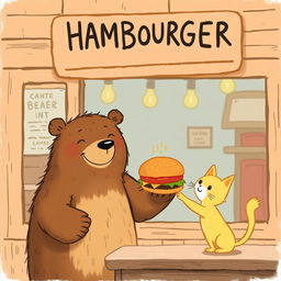 In a charming hamburger shop, a cheerful brown bear, with a big smile, is holding out a tasty, aromatic hamburger to an adorable little yellow cat