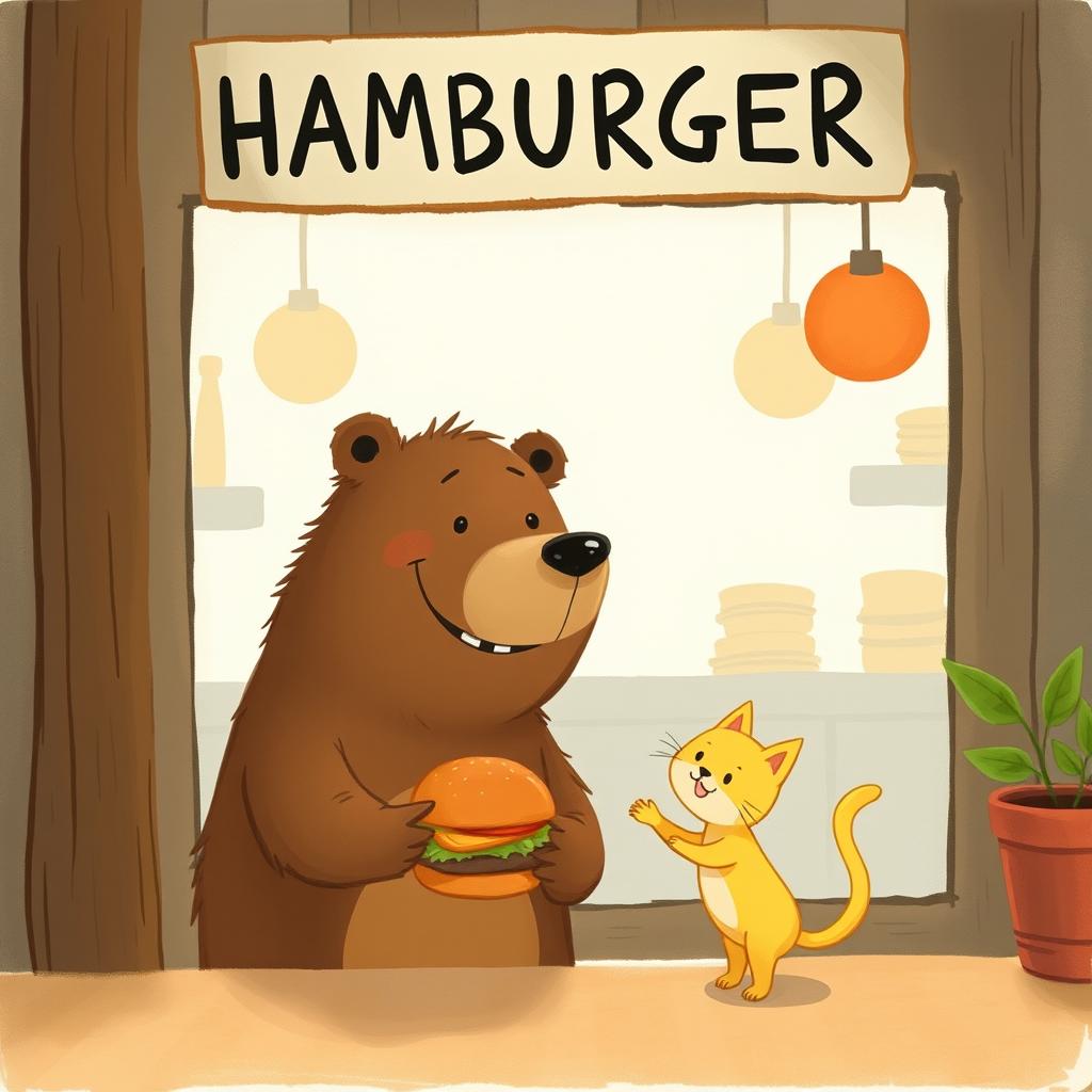 In a charming hamburger shop, a cheerful brown bear, with a big smile, is holding out a tasty, aromatic hamburger to an adorable little yellow cat