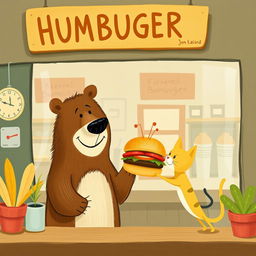 In a charming hamburger shop, a cheerful brown bear, with a big smile, is holding out a tasty, aromatic hamburger to an adorable little yellow cat