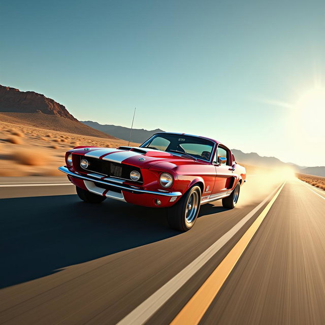 A roaring 1967 Ford Mustang Fastback in bright red with white racing stripes, speeding across a long desert highway under the blazing midday sun