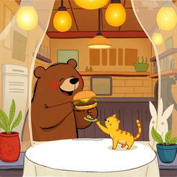 Inside a cozy hamburger shop, a smiling brown bear is joyfully handing a delicious, aromatic hamburger to a cute little yellow cat