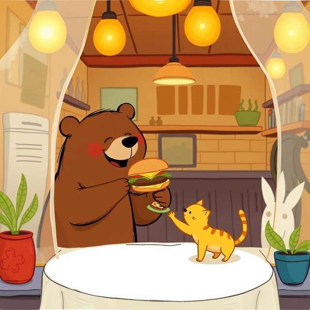 Inside a cozy hamburger shop, a smiling brown bear is joyfully handing a delicious, aromatic hamburger to a cute little yellow cat