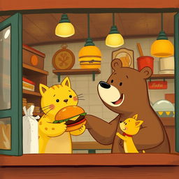 Inside a cozy hamburger shop, a smiling brown bear is joyfully handing a delicious, aromatic hamburger to a cute little yellow cat