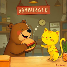 Inside a cozy hamburger shop, a smiling brown bear is joyfully handing a delicious, aromatic hamburger to a cute little yellow cat