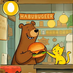 Inside a cozy hamburger shop, a smiling brown bear is joyfully handing a delicious, aromatic hamburger to a cute little yellow cat