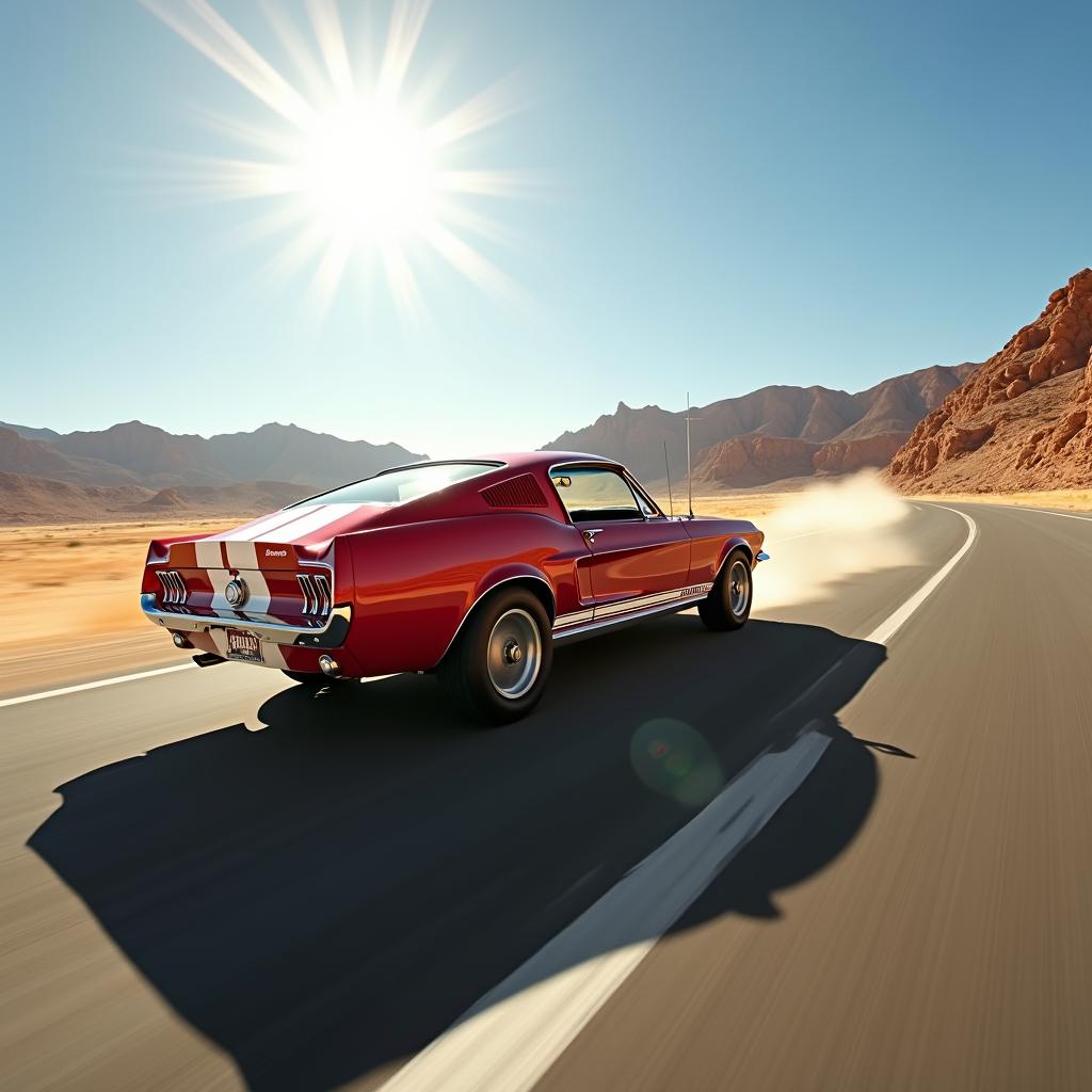 A roaring 1967 Ford Mustang Fastback in bright red with white racing stripes, speeding across a long desert highway under the blazing midday sun
